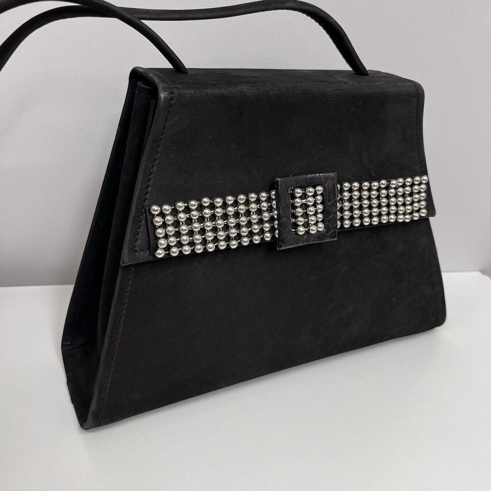 Vintage Bally Suede Shoulder Bag Purse‎ Black Silver Metal Beads Balls & Buckle - Picture 4 of 12